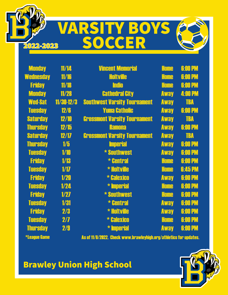 Varsity Soccer Schedule with dates and times