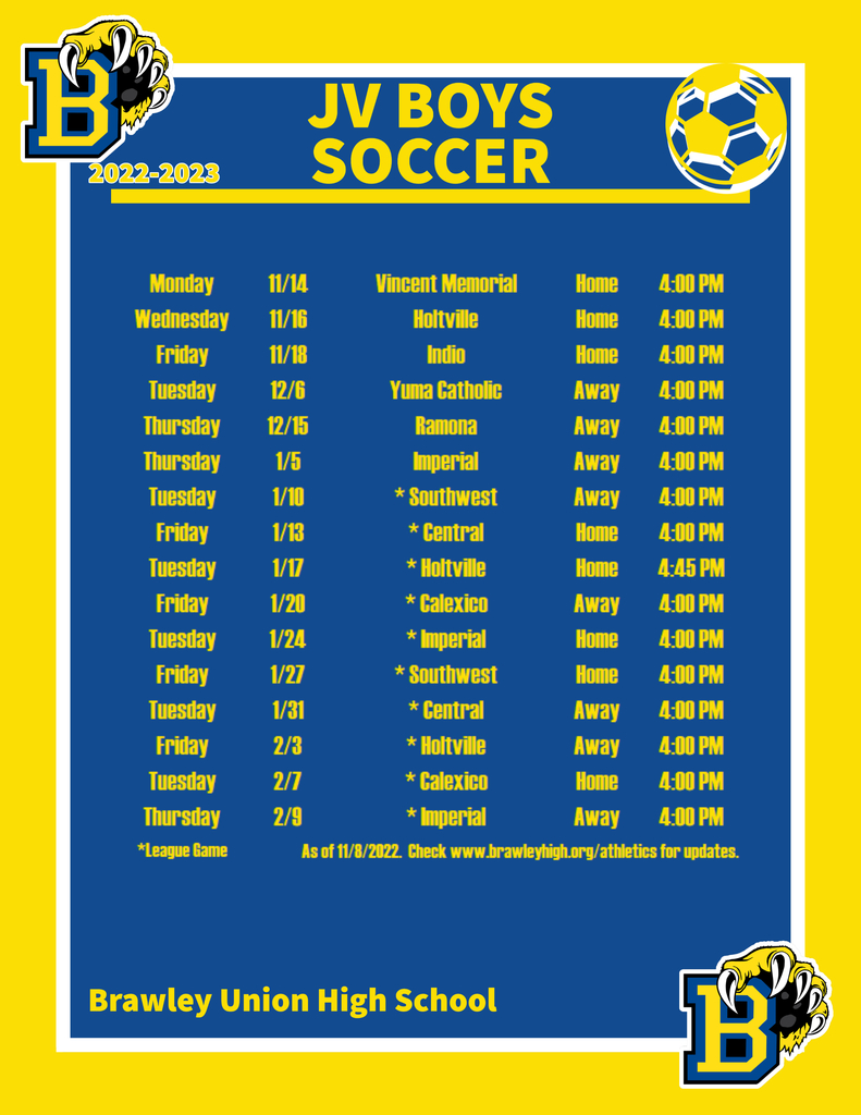 JV Soccer Schedule with dates and times