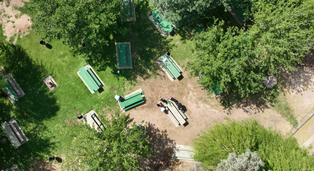 Aerial view of the park benches